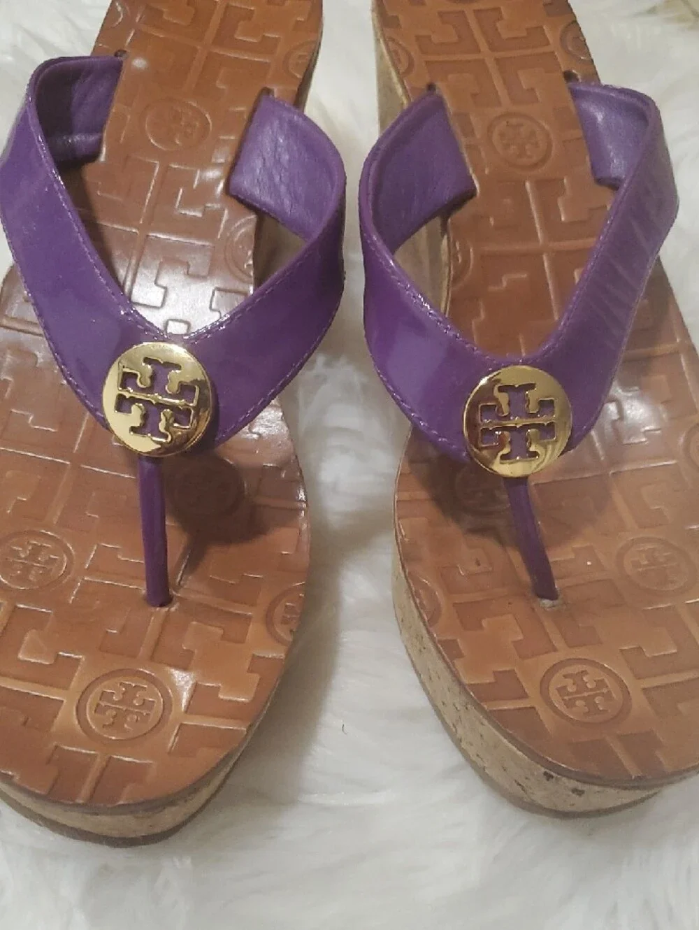 Tory Burch Purple Leather Logo Thong  Wedge Sandals
